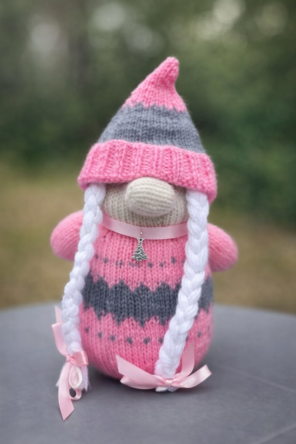 Pink lady gonk knitted decoration